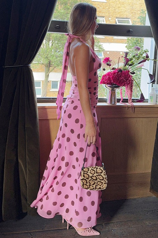 Vintage Polka Dot Halter V-neck Maxi Dress image 2