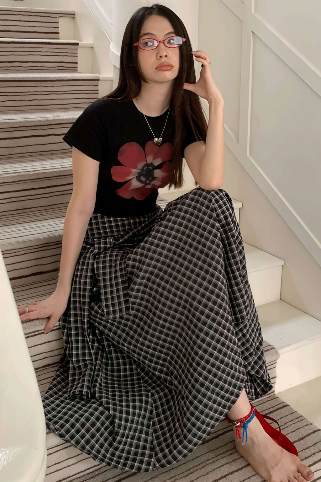 Color Block Plaid Tie Side Zip Loose Skirt image 9