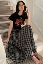 Color Block Plaid Tie Side Zip Loose Skirt image 9