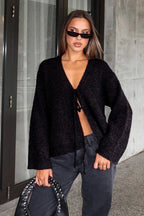 V-Neck Tie Front Knit Cardigan Sweater image 9