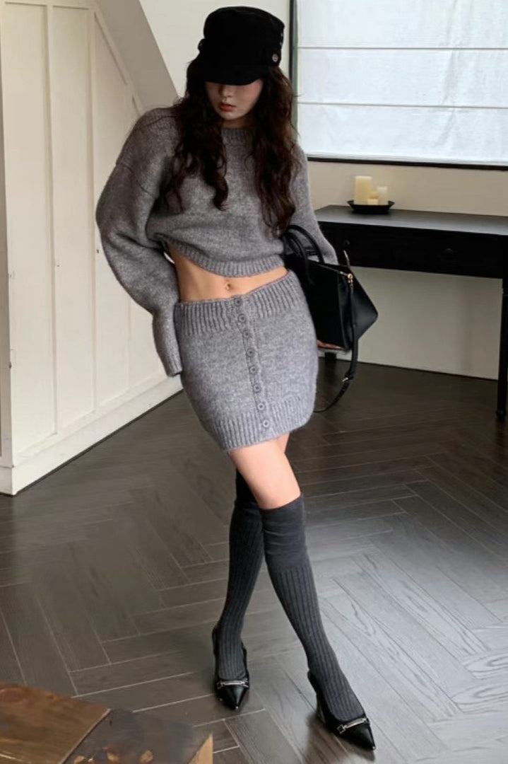 Short Fitted Knit Round Neck Slim Two Piece Set image 14