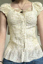 Vintage Floral Tie Buttoned Puff Sleeve Blouse image 2
