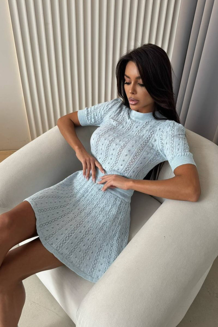 Lightweight Knit Solid Crew Neck Cutout Skirt Set image 12