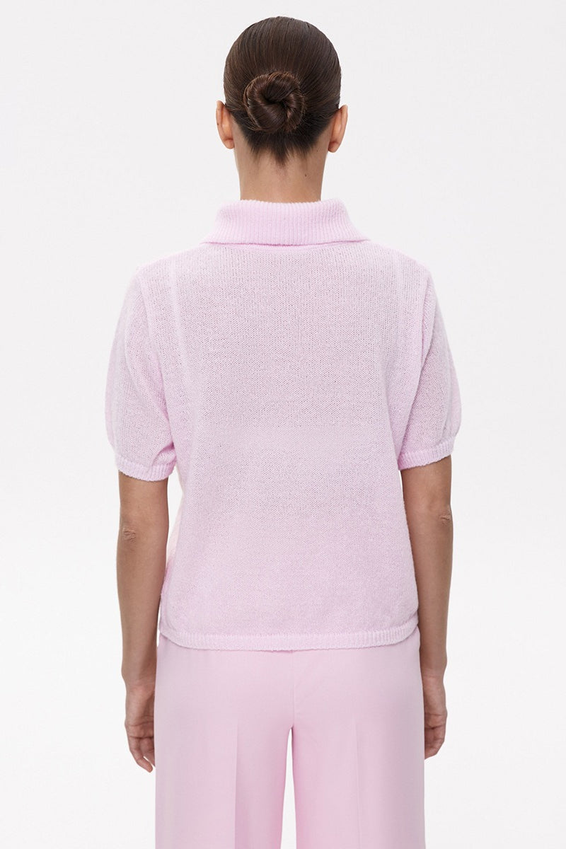 Minimalist Polo Hollow Knit Puff Sleeve Blouse image 8