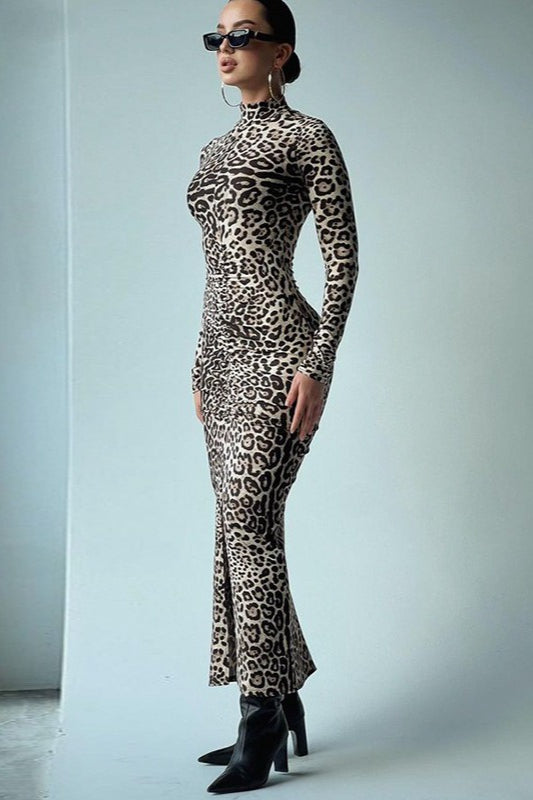 Leopard Print Long Sleeve High Neck Maxi Dress image 2