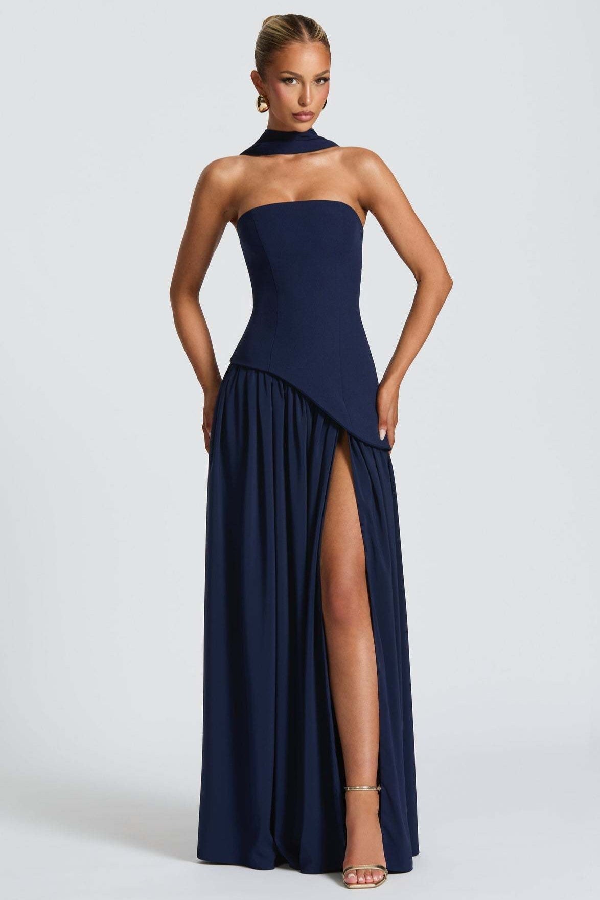 Solid Bustier High Slit Formal Dress image 16
