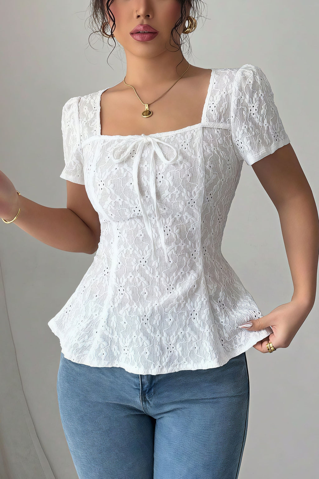 Square Neck Bow Lace Short Sleeve Blouse image 2