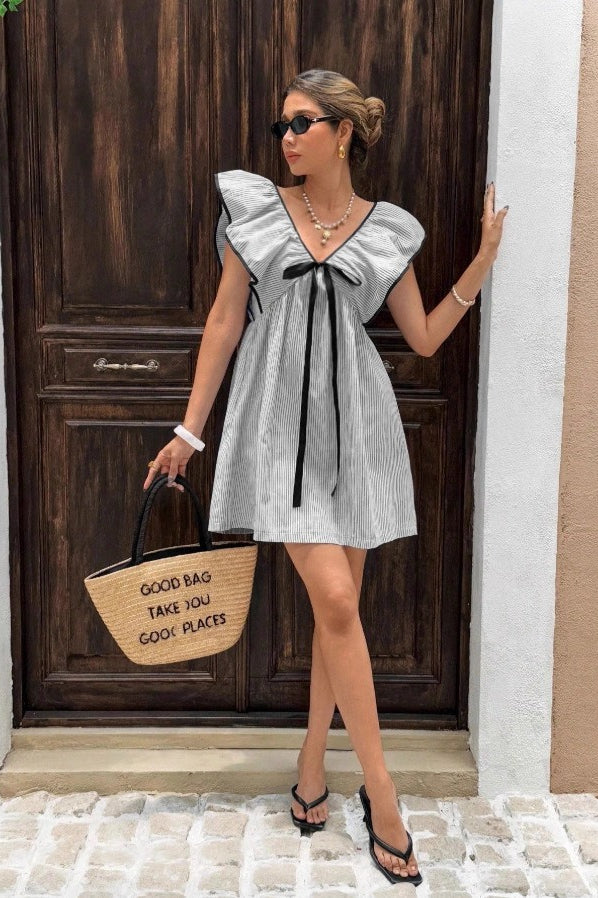 Striped V Neck Ruffle Flutter Sleeve Mini Dress image 14