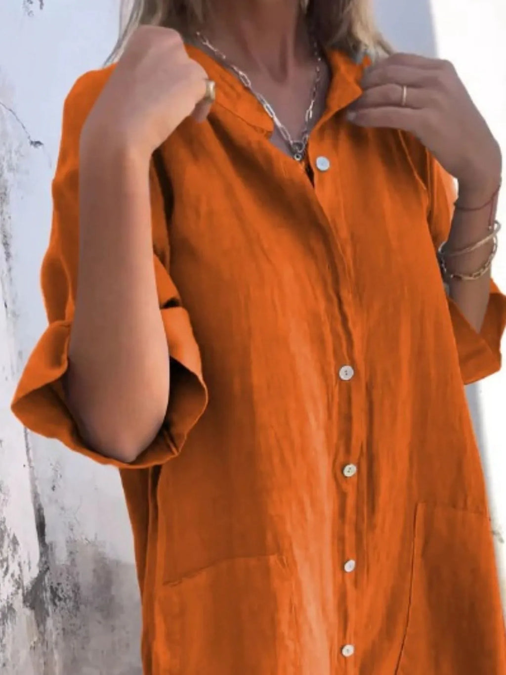 Marseille Linen Shirt Dress detail view styled for Avrienne