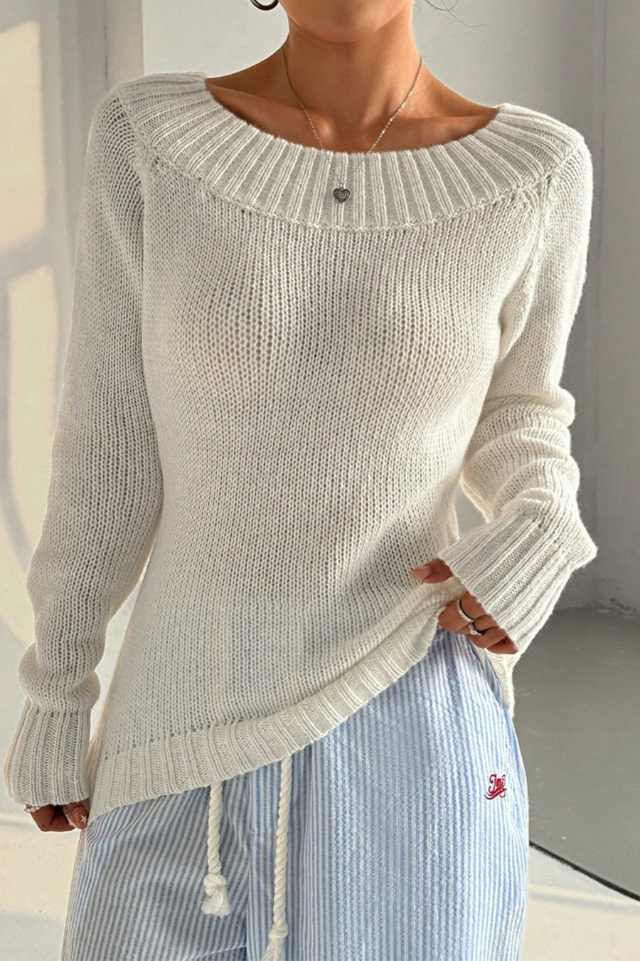 Solid Asymmetric Off-Shoulder Pullover Knit Top image 3