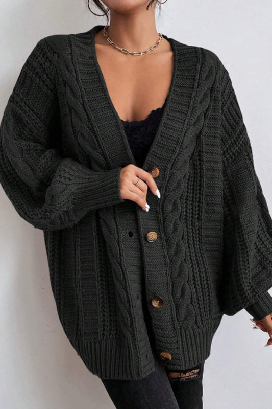 V-Neck Vintage Cable Knit Balloon Sleeve Cardigan image 10