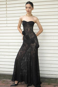 Sheer Lace Strapless 3D Floral Train Maxi Dress image 7