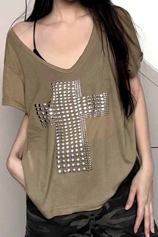 Street Cross Metallic Print Loose Casual T-shirt image 2