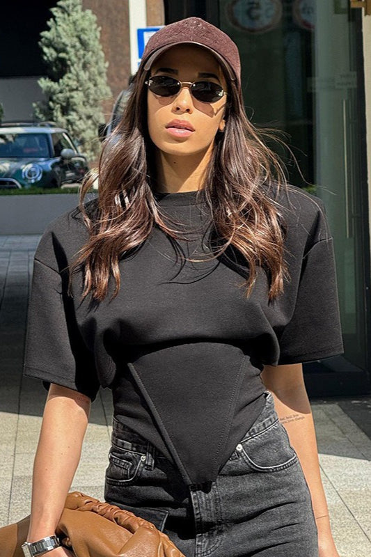 Chic Solid Wide Shoulder Tie Waist Elbow Sleeve T-shirt image 10