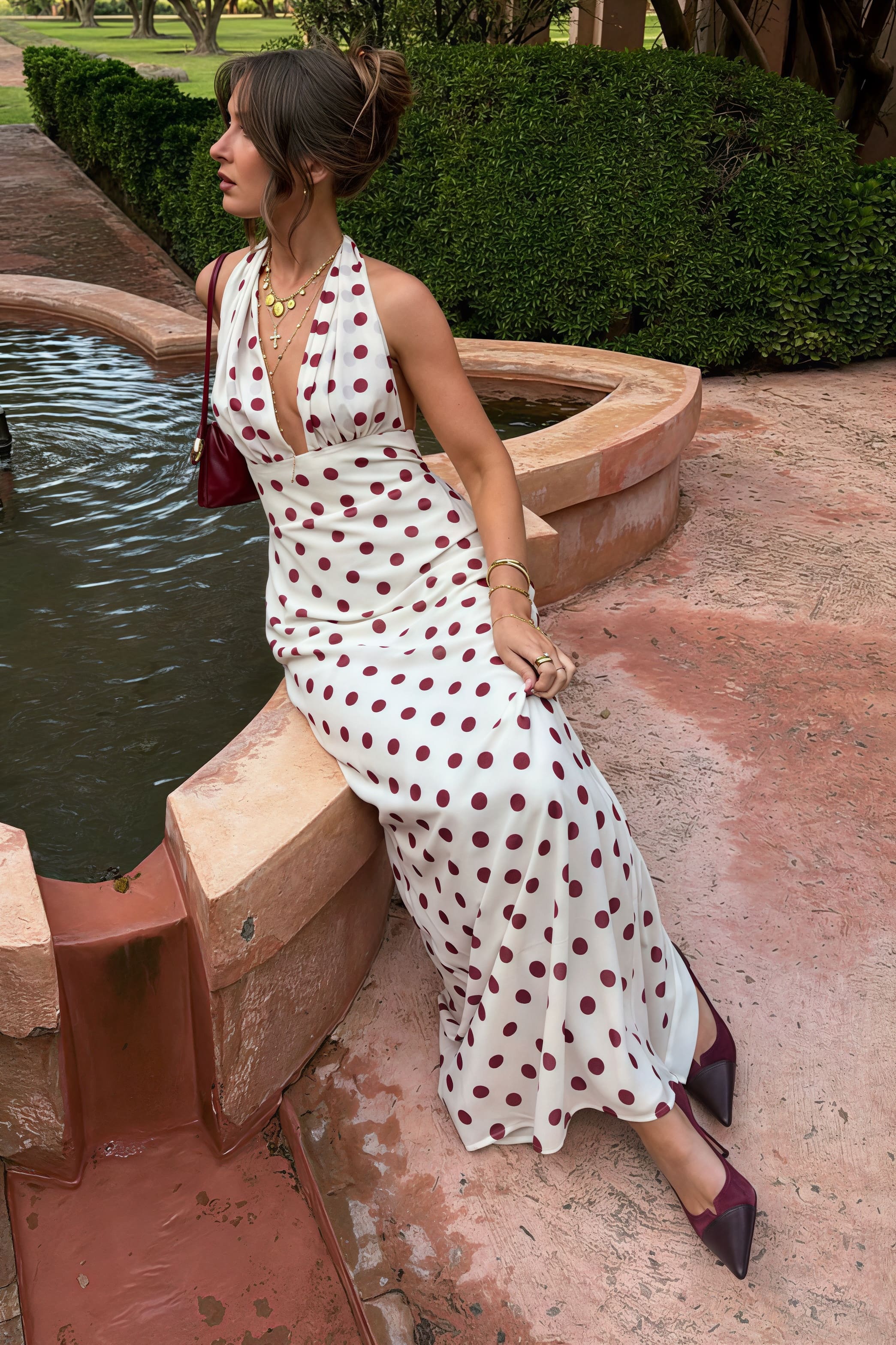 Polka Dot Halter Backless Ruched Waist Maxi Dress image 3