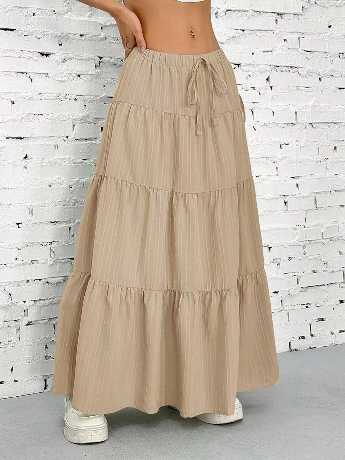 Capri Tiered Maxi Skirt detail view styled for Avrienne