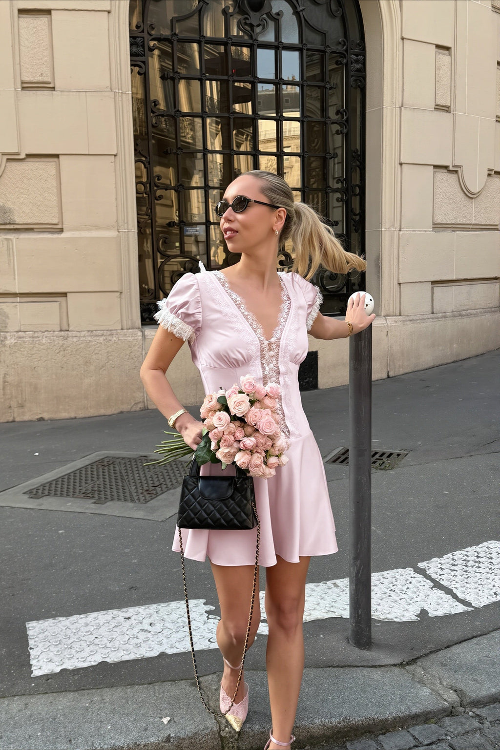 Pink Satin Lace Puff Sleeve Mini Dress image 5