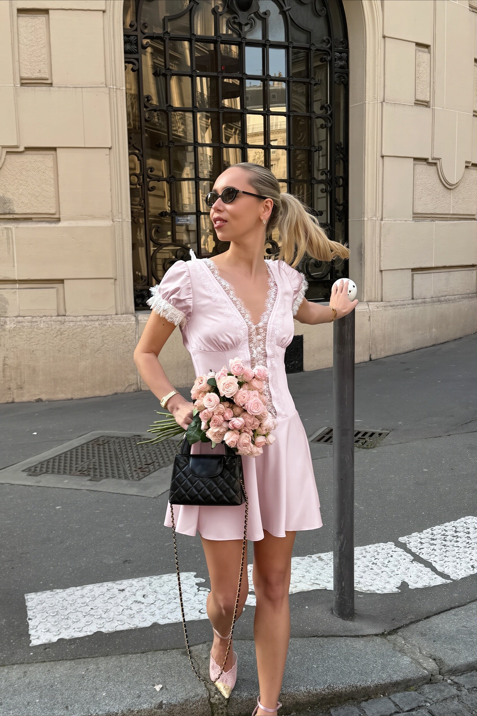 Pink Satin Lace Puff Sleeve Mini Dress image 5