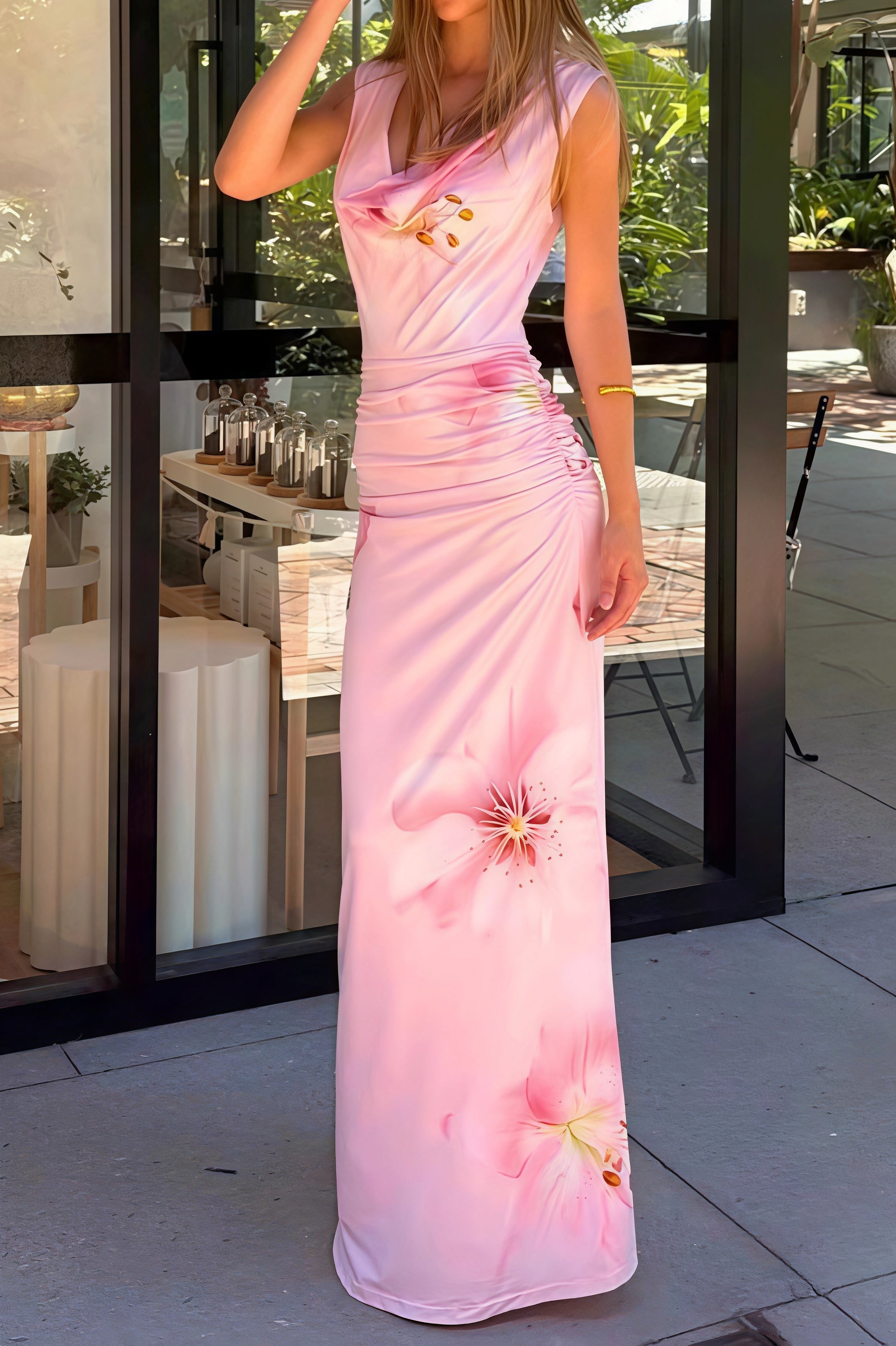 Floral Print Draped Neck Slim Maxi Dress image 2