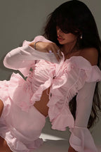 Stylish Off Shoulder Long Sleeve Ruffle Skirt Set image 1