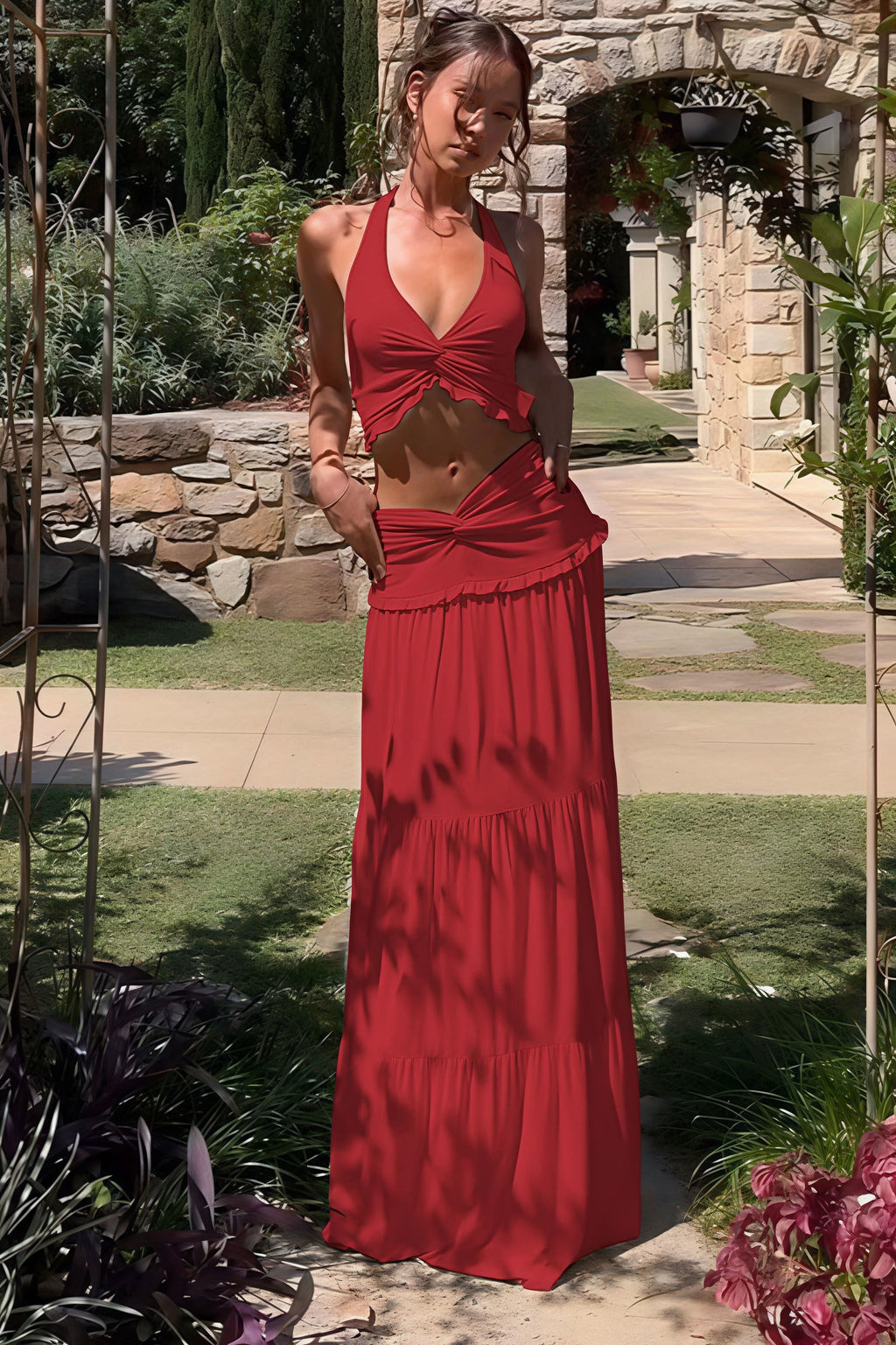 Sexy Pleated Halter Top Ruffle Maxi Skirt Set image 2