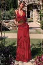 Sexy Pleated Halter Top Ruffle Maxi Skirt Set image 2