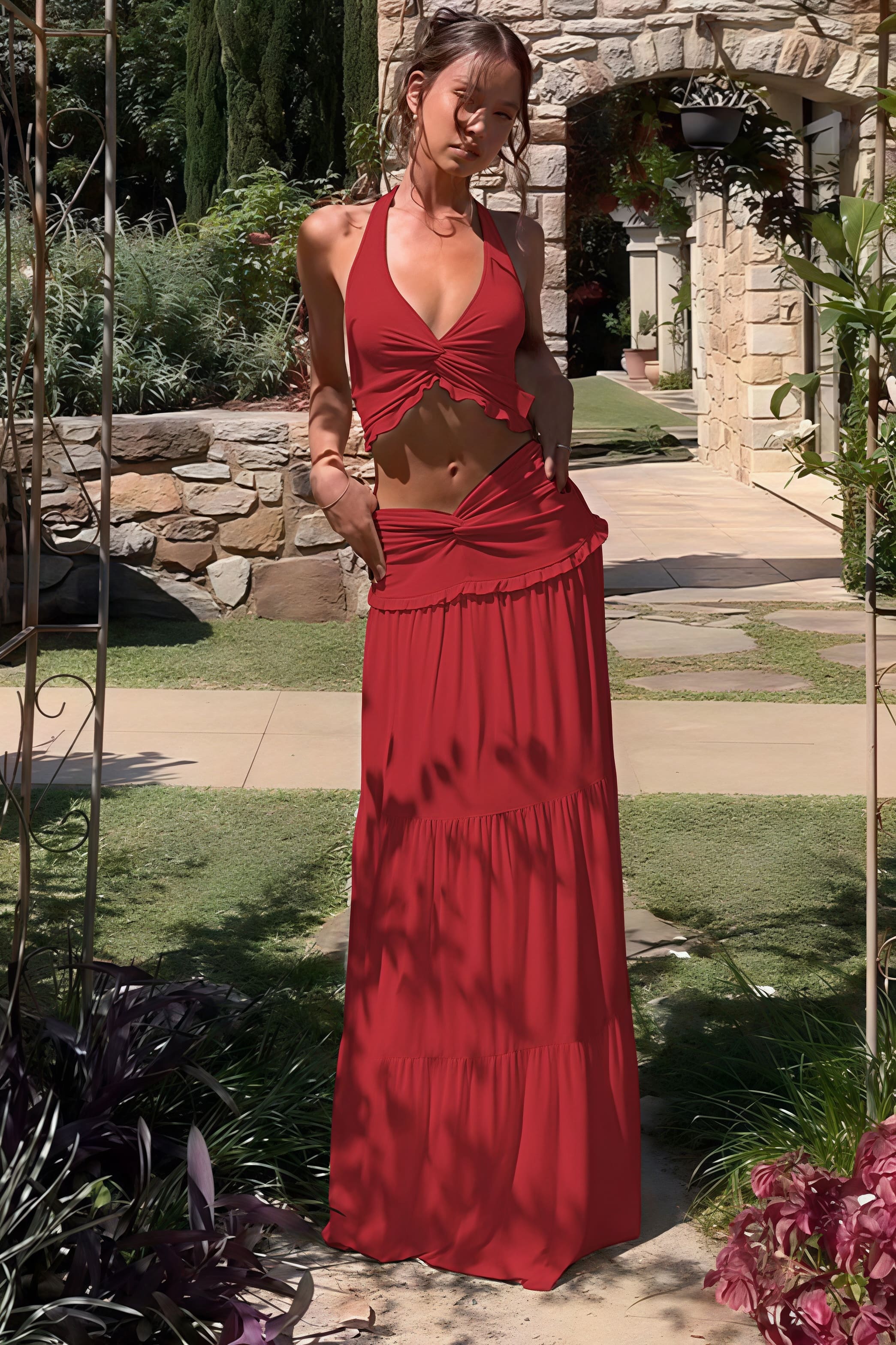 Sexy Pleated Halter Top Ruffle Maxi Skirt Set image 2