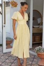 Solid V Neck Puff Sleeve Flared Midi Dress image 4