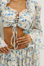 Floral Tie Front Square Neck Ruffled Cropped Top Low Waist Jogger Pants Two Piece Set image 4