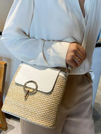 Naomi Straw Crossbody detail view styled for Avrienne