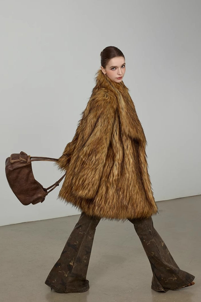 Plush Faux Animal Fur Loose Warm Mid-Length Notch Collar Coat image 1