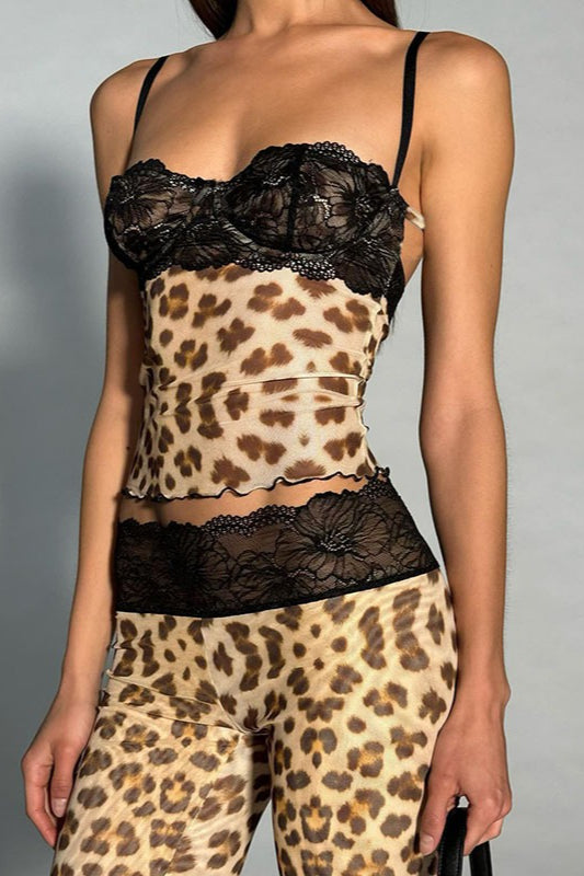 Leopard Print Lace Cami Crop Low Waist Pants Two Piece Set image 1