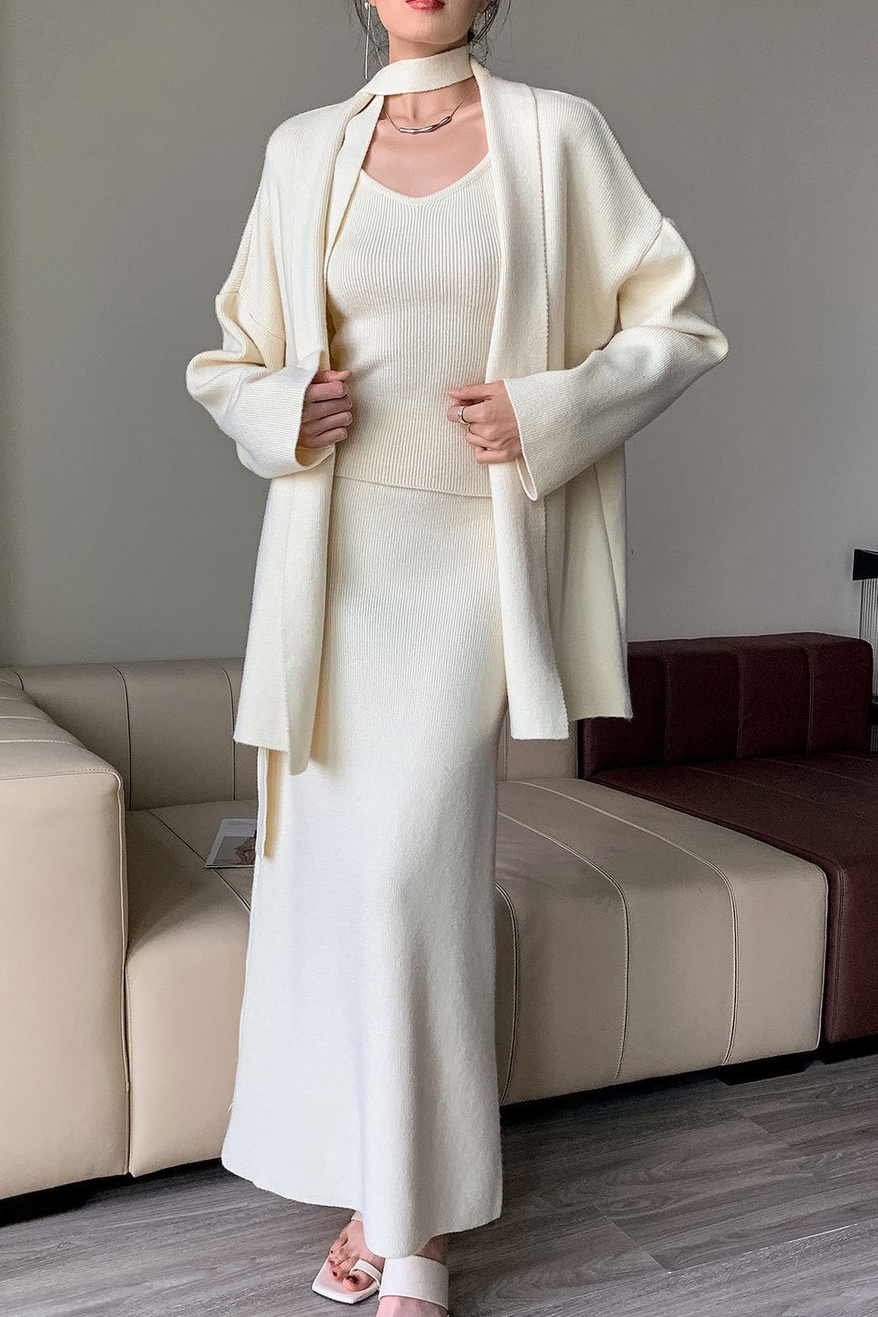 Ribbed High-End Knit Cardigan Tank Wide-Leg Pants Three Piece Set image 4