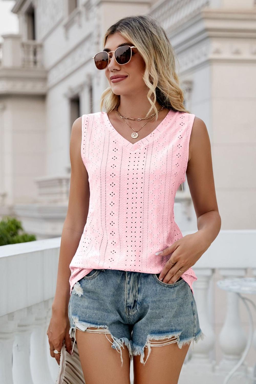 Gia Eyelet Tank detail view styled for Avrienne