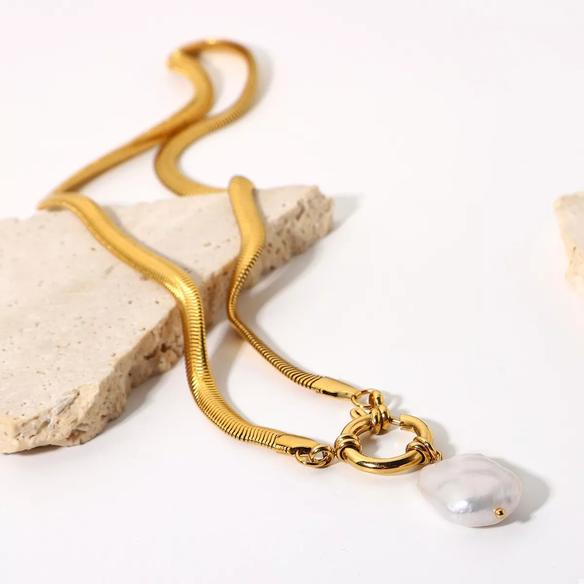 Sabina Pearl Necklace detail view styled for Avrienne