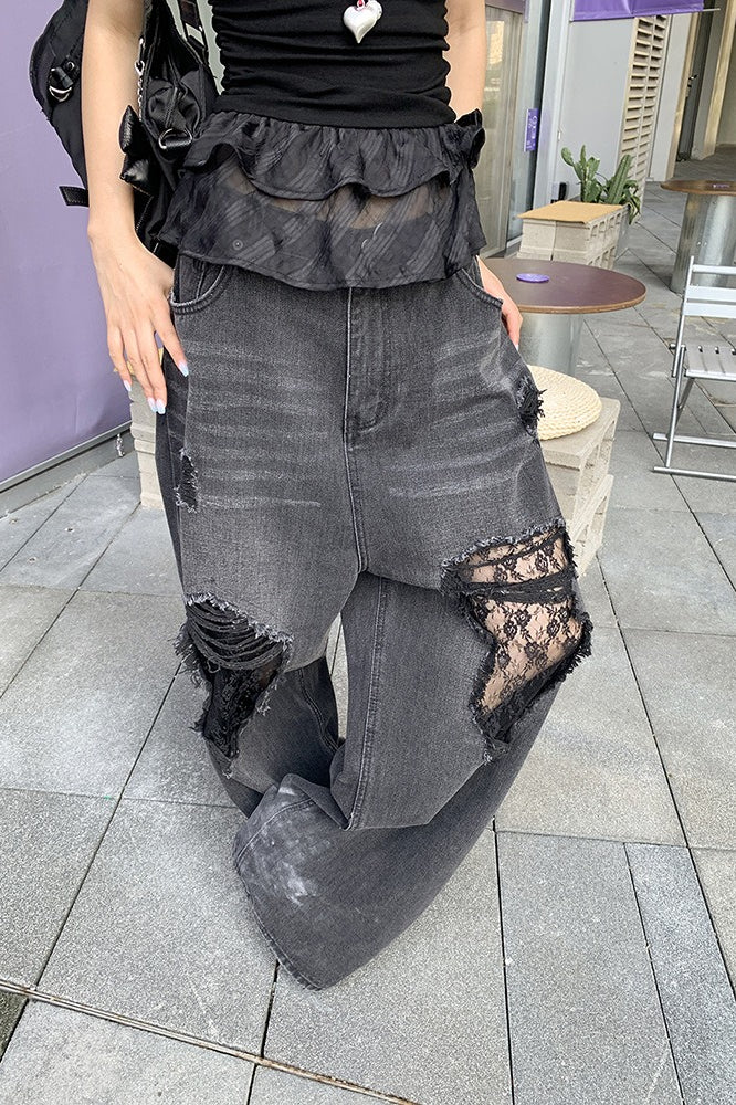 Lace Panel Ripped Wide Leg Jeans image 5