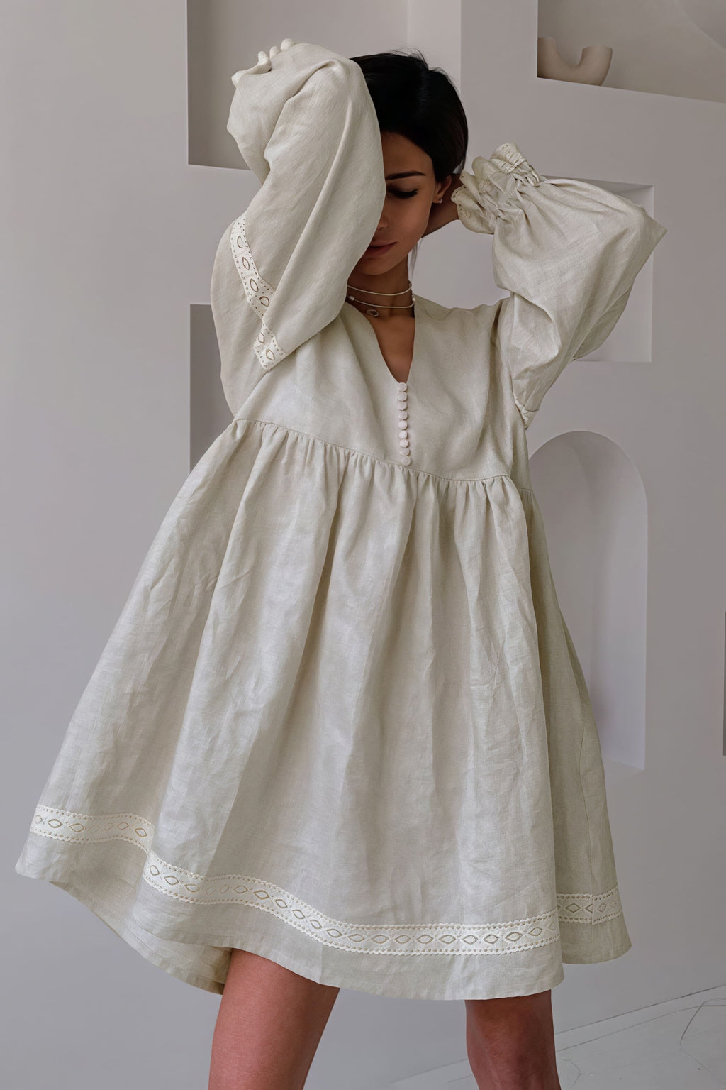 Cotton Linen V Neck Lantern Sleeve Loose Mini Dress image 2
