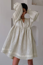 Cotton Linen V Neck Lantern Sleeve Loose Mini Dress image 2