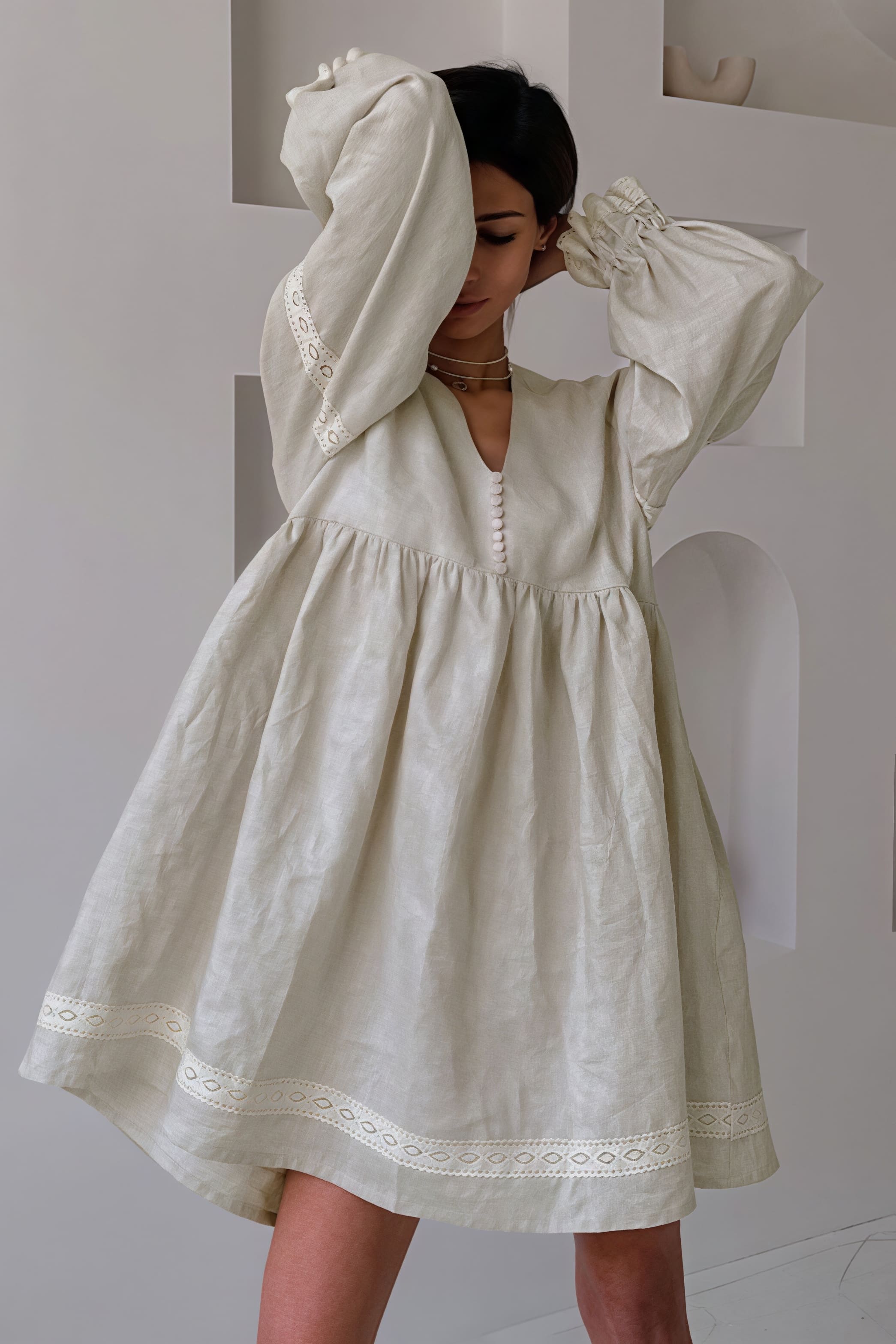 Cotton Linen V Neck Lantern Sleeve Loose Mini Dress image 2