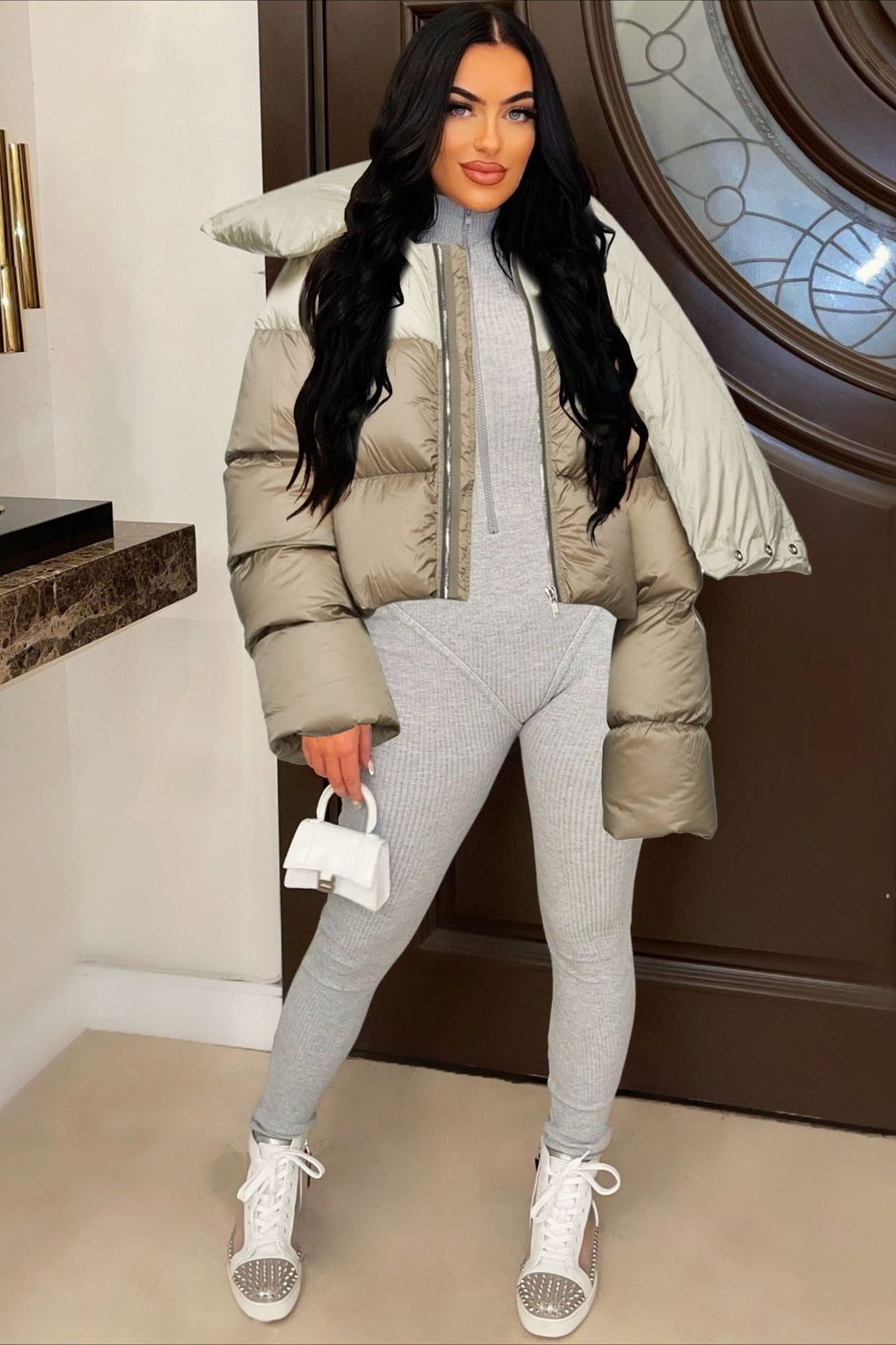 High Neck Scarf Collar Quilted Puffer Jacket image 8