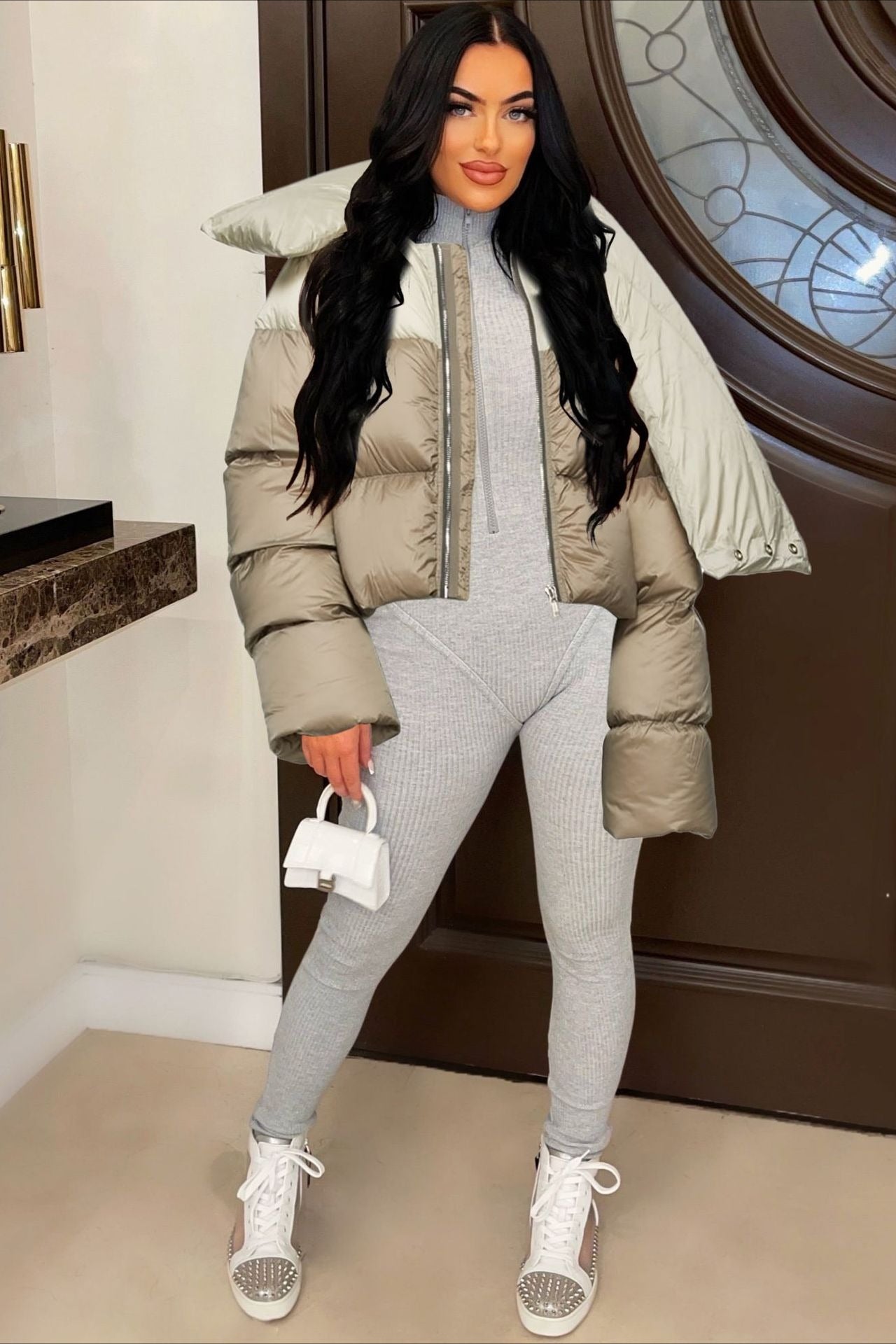 High Neck Scarf Collar Quilted Puffer Jacket image 8
