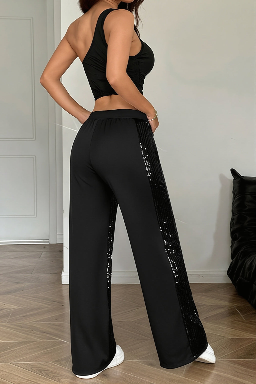 Sexy Sequin Patch Elastic Waist Straight Pants image 4