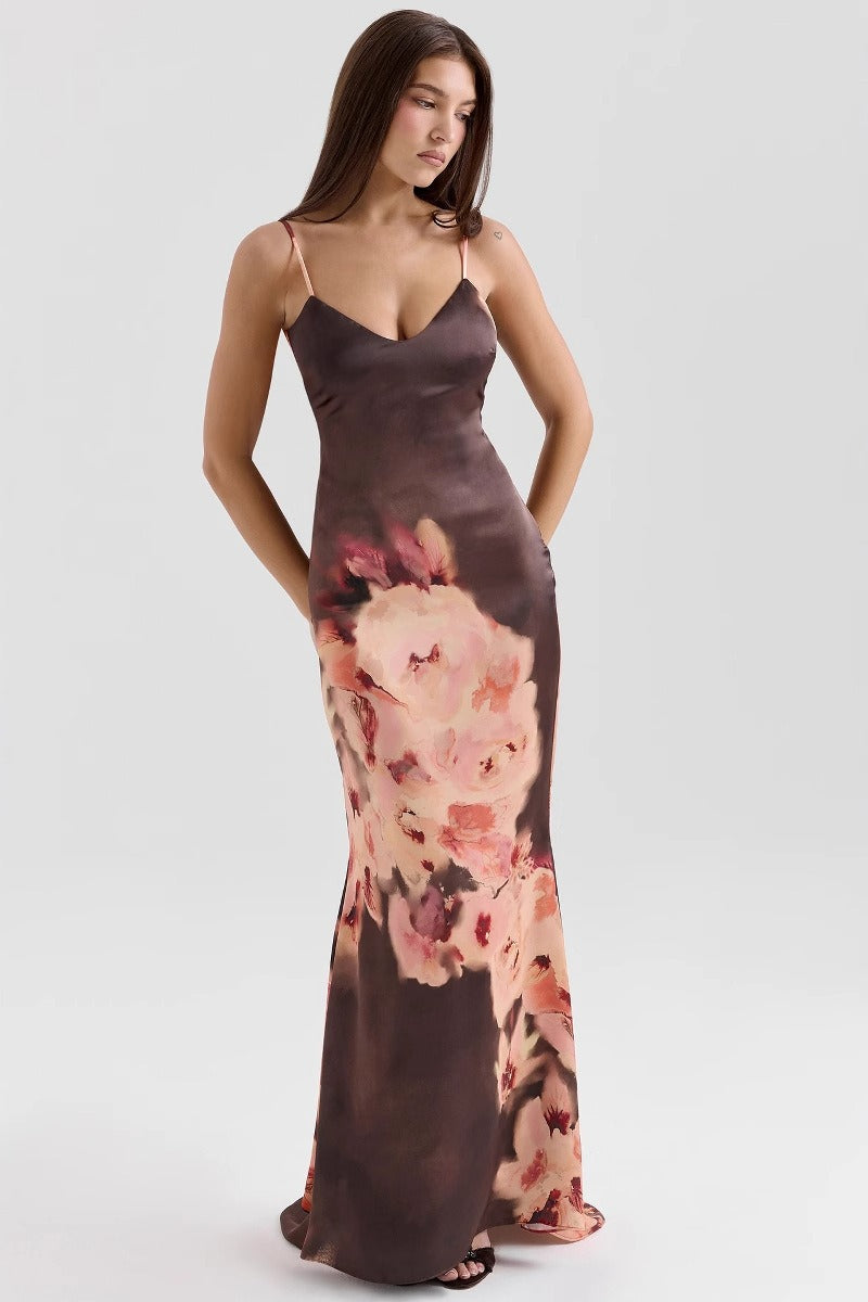 Floral Spaghetti Strap V-Neck Backless Waist Tie Maxi Dress image 3