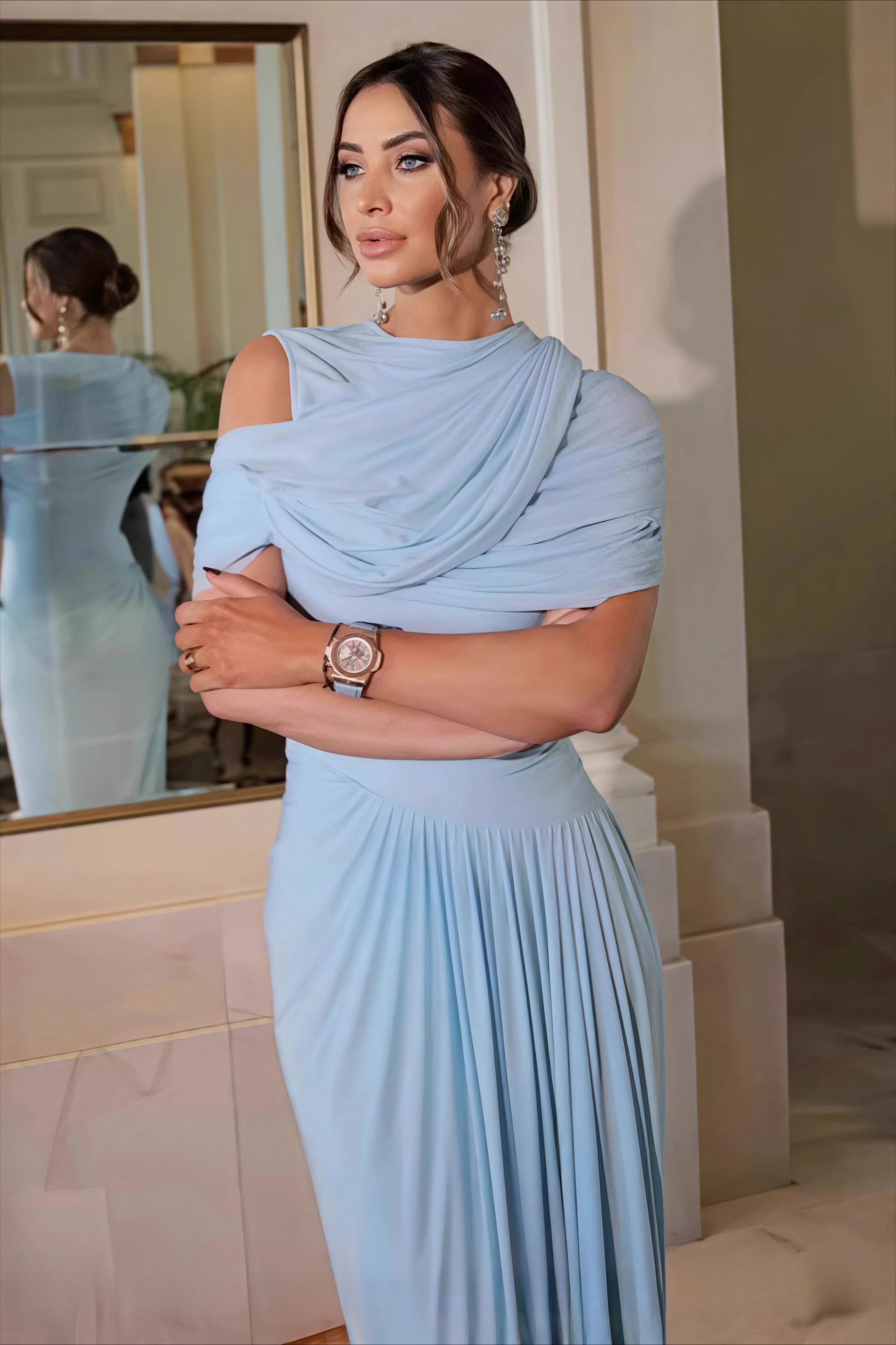 Shawl Ruched Solid Elegant Maxi Dress image 1