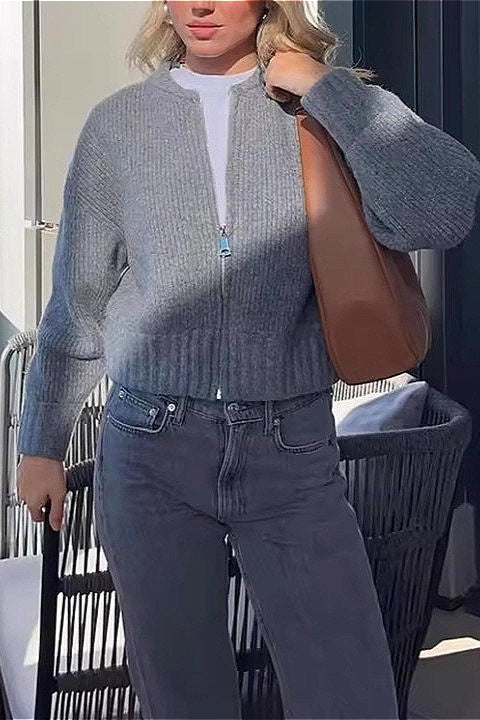 Crew-Neck Long-Sleeve Zip Solid Knit Cardigan image 3