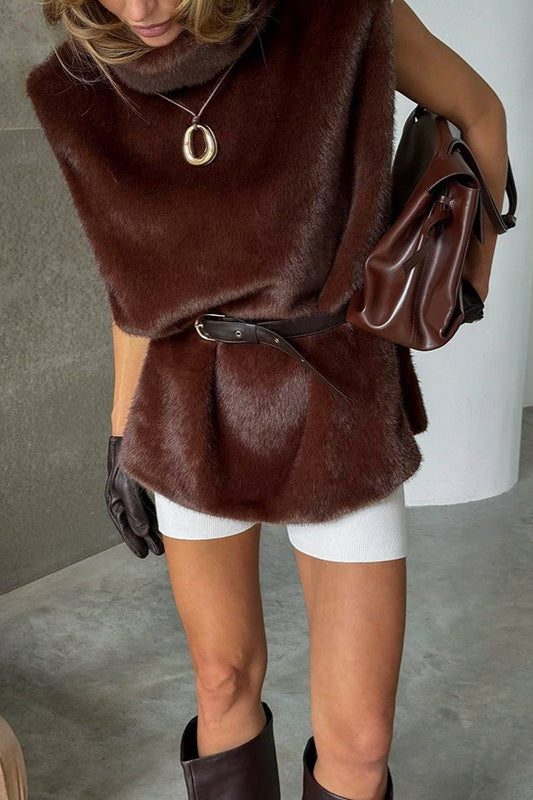 Solid Turtleneck Fuzzy Sleeveless Vest image 5