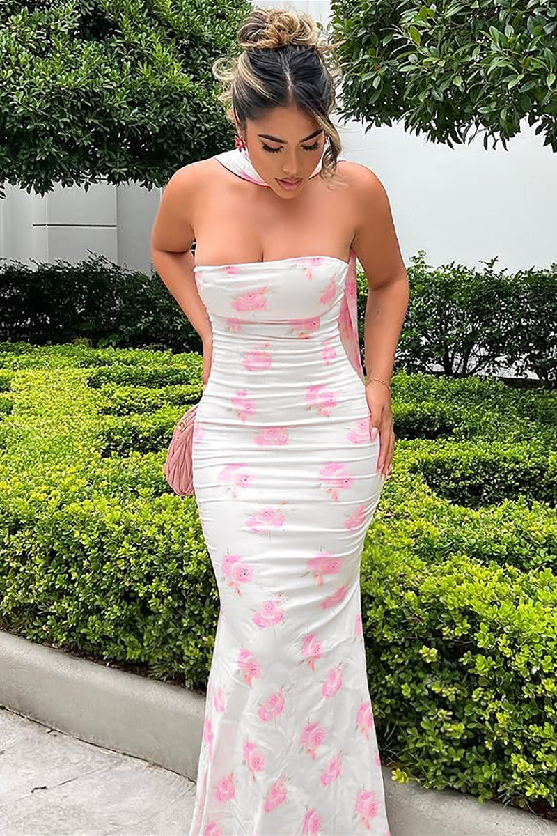Strapless Backless Slim Printed Floral Dress image 4