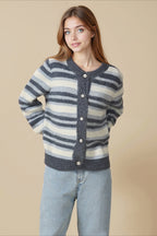 Retro Stripe Color Block Loose Slim Crew Neck Knit Cardigan image 2
