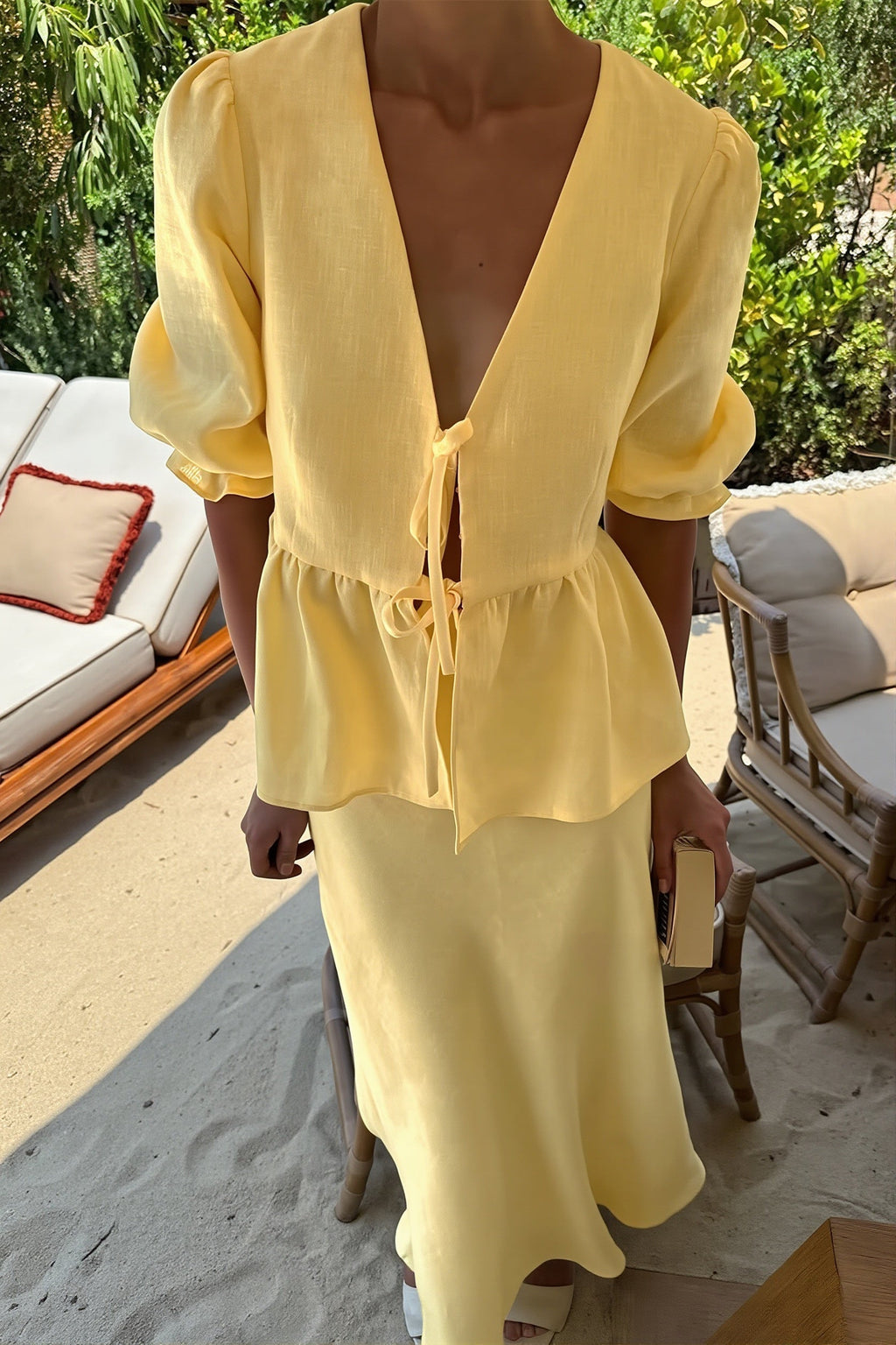 Chic V Neck Short Sleeve Ruffle Hem Skirt Sets image 4
