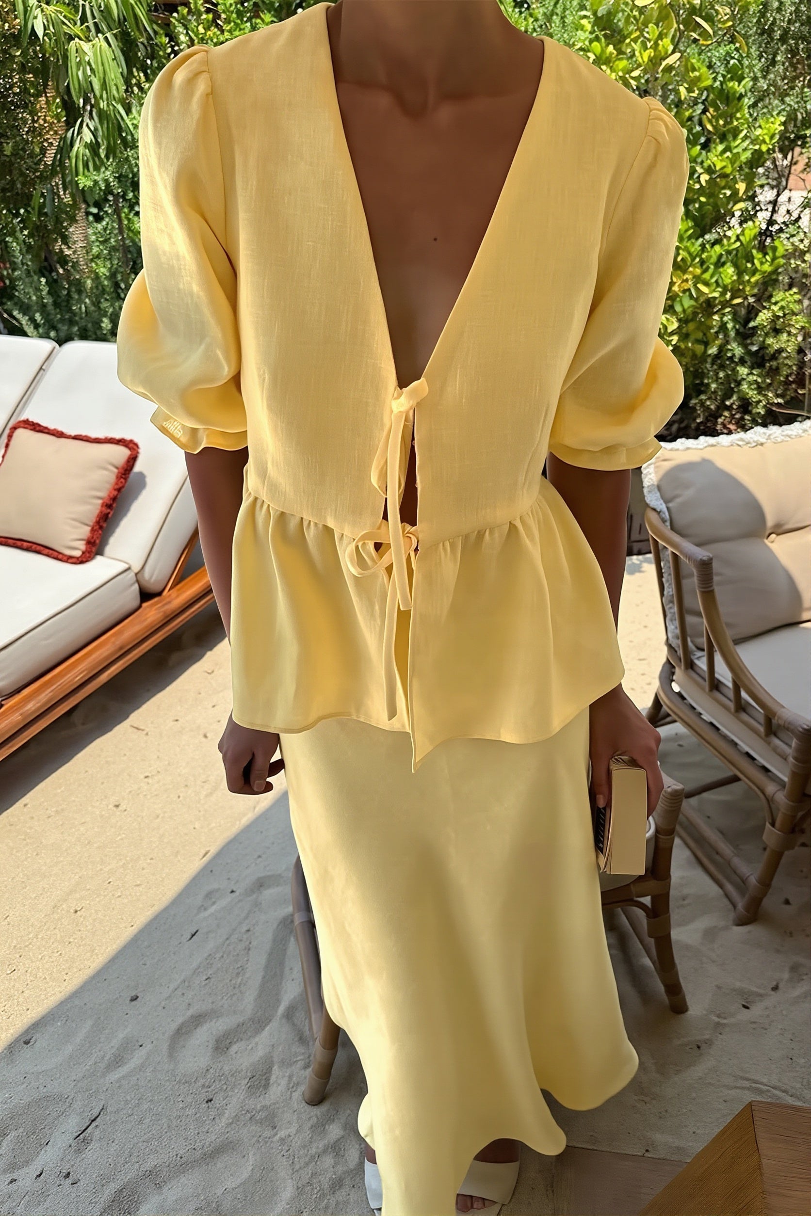 Chic V Neck Short Sleeve Ruffle Hem Skirt Sets image 4